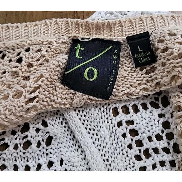 Romantic Boho Crochet Cardigan Poncho – Tan & White Stripe – Size Large - Picture 4 of 8